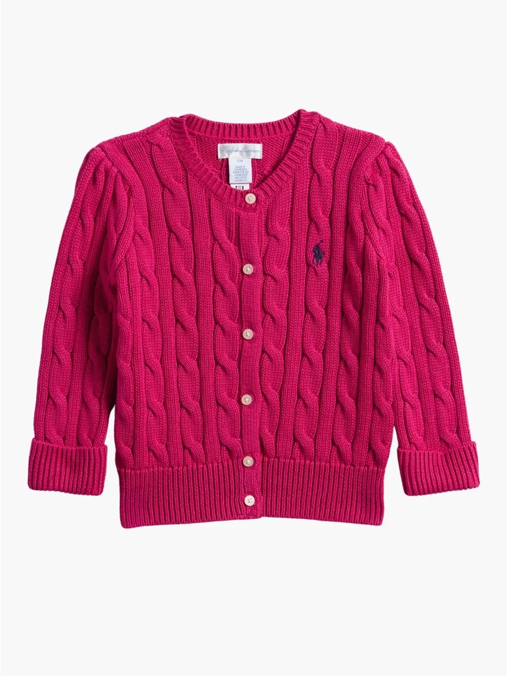 Ralph Lauren Infant Girls Cable Stitch Cotton Cardigan - Preppy Pink, Size 12M
